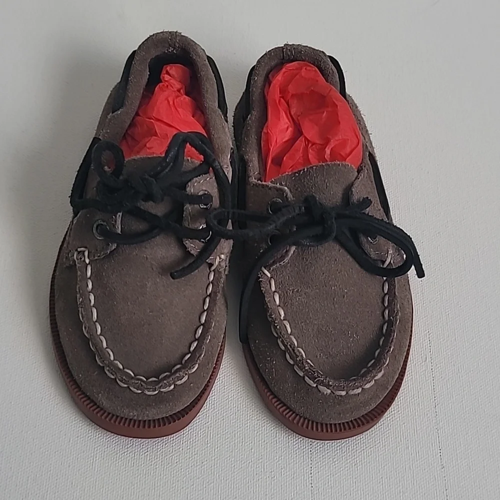 Sperry Grey Brown Leather Loafers Boys Sz 8